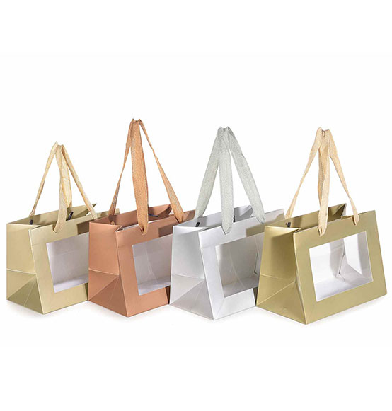 20Pz Shoppers regalo in carta metallizzata con finestra trasparente e manici in stoffa